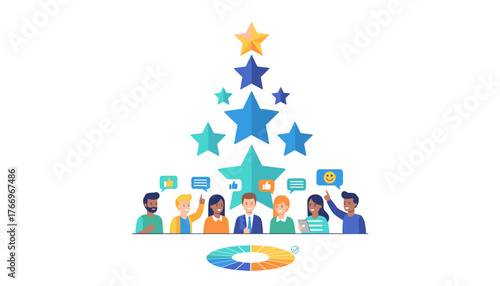 Diverse group of people celebrating success and positive feedback with stars and speech bubbles, symbolizing excellent performance, customer satisfaction, and achievement, isolated on a clean white