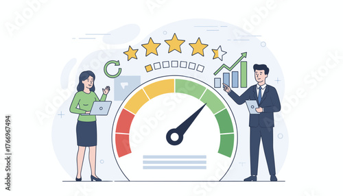 Business professionals conducting employee evaluation and performance review, using a dashboard with a speedometer, star ratings, and growth charts to assess success and identify areas for