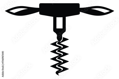 Black metal corkscrew features zigzagged worm and wing handles with a white background