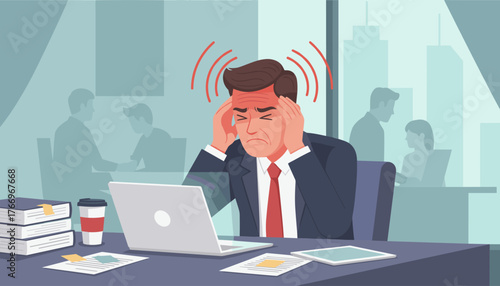 Stressed mid-adult businessman suffering from a severe headache at his office desk, clutching his temples with red radiating pain lines, while colleagues work in the blurred background, symbolizing
