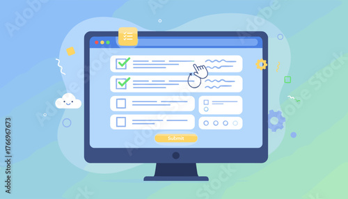 Modern flat design illustration of a computer screen displaying a survey form with a checklist and questionnaire, featuring a hand cursor interacting with the interface, symbolizing online feedback