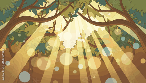 Enchanting forest scene with warm sunbeams filtering through lush green tree branches, creating a magical atmosphere with soft bokeh lights and a sense of tranquility and natural beauty, perfect for
