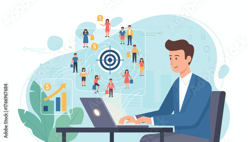 Business concept illustration of a man working on a laptop, targeting customers with a bullseye, audience outreach, and sales growth represented by charts and icons, symbolizing marketing strategy