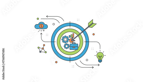 Modern flat vector illustration of a business targeting concept, featuring a bullseye with an arrow, gears, a briefcase, a lightbulb for ideas, and a cloud with a dollar sign symbolizing financial