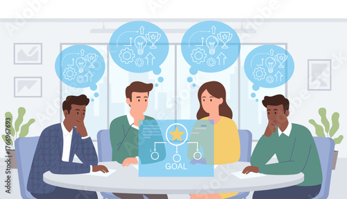 Diverse team of colleagues in a modern office setting engaged in a collaborative brainstorming session, contemplating a central goal with thought bubbles illustrating ideas, gears, and trophies