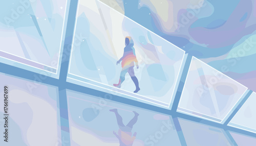 A person with a rainbow-colored silhouette walks on a transparent glass walkway, viewed from below, with a soft, blurred sky and clouds in pastel colors creating a dreamlike and ethereal atmosphere