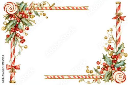 Festive candy cane and holly border design, perfect for holiday invitations, greeting cards, or seasonal decorations, Its cheerful elements add a touch of joy to any Christmas-themed project,
