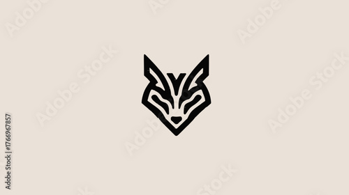 Minimalist geometric line art fox head logo icon. Modern abstract animal symbol design in black outline on a light beige background.
