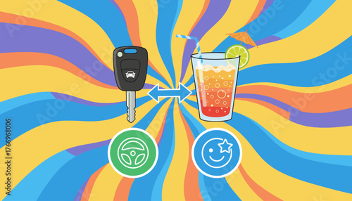 Conceptual illustration of responsible drinking and driving, depicting a car key and a refreshing alcoholic cocktail with a lime and umbrella, symbolizing the choice between driving and enjoying a
