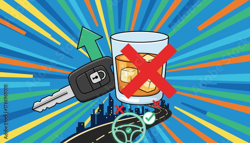 Conceptual illustration of responsible driving, showing a car key with a green upward arrow and a glass of whiskey with a red cross, symbolizing the dangers of drunk driving, set against a vibrant