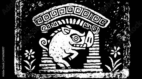 Rustic black and white wild boar woodcut graphic. Primitive stylized animal illustration in a tribal archway, ancient art inspired.
