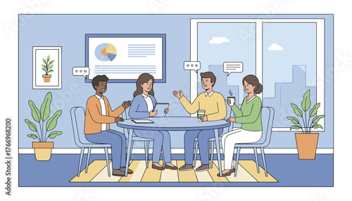 Diverse group of four professionals, men and women of various ethnicities, engaged in a lively business discussion around a conference table, brainstorming ideas, sharing insights, and collaborating