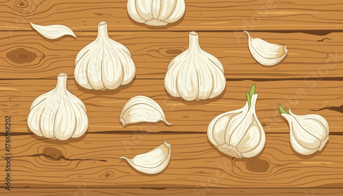 A top-down view of fresh, whole garlic bulbs and individual cloves artfully scattered across a rustic, weathered wooden surface, showcasing the natural texture and warm tones of the wood, creating a