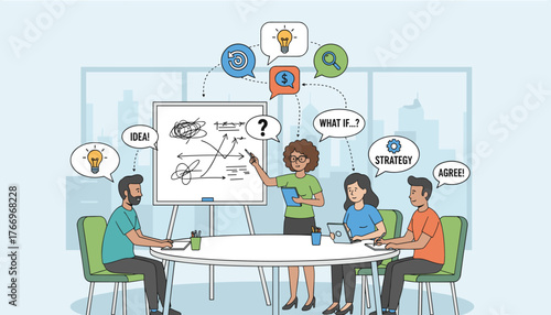 Diverse team of professionals collaborating in a modern office meeting, brainstorming ideas, discussing strategy, and reaching agreements around a conference table, with visual aids like a whiteboard