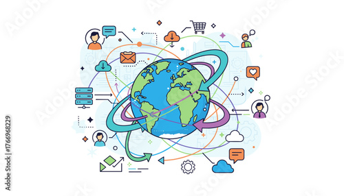 Vibrant illustration of a global business network, showcasing interconnected data exchange with diverse icons representing communication, cloud computing, servers, shopping carts, and social media