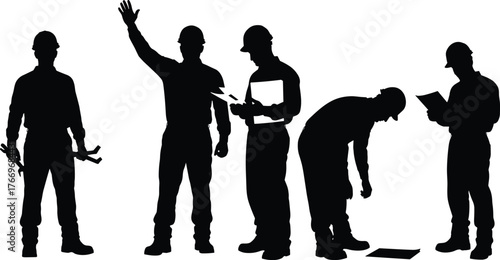 Construction worker silhouettes, industrial safety, hard hat professionals, engineering roles, job site activity, teamwork, inspection, planning, labor, tools