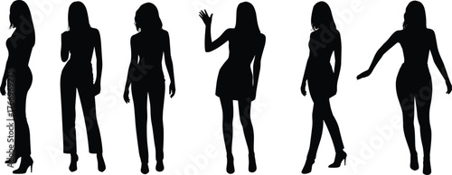 Fashionable woman silhouettes, standing pose, stylish outfit, body posture, elegance, high heels, gesture, modern look, beauty, feminine stance