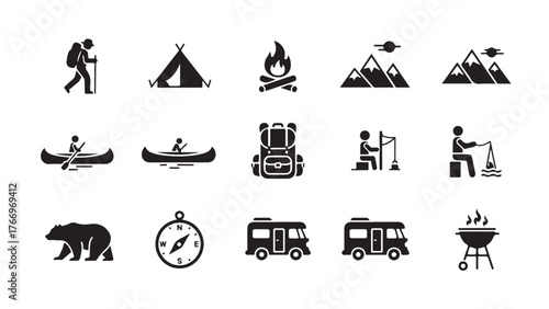 Camping & Outdoor Adventure Icons – Eco-Tourism, Tent, Backpack, Campfire, Compass, Kayak, Hiking, Travel, Wilderness Exploration. Black Silhouette Vector Pictograms for Adventure, Travel,