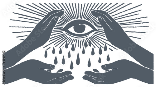 Mystical Eye with Radiating Light, Protecting Hands, and Emotive Falling Drops - Symbolic Vector Graphic