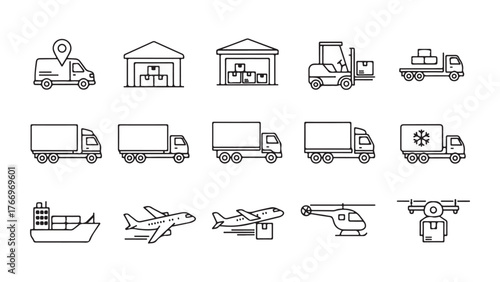 Commercial Vehicles Line Icons – Container, Pallet, Forklift, Plane, Drone, Helicopter, Ship, Train, Cargo Truck, Warehouse. Minimal Linear Vector for Logistics & Transportation.