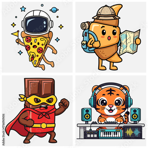 cartoon character set of pizza astronaut explorer chocolate superhero and dj tiger