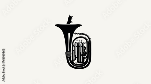 Black silhouette of a euphonium musical instrument with a playful devil figure sitting on top, minimal vector illustration.