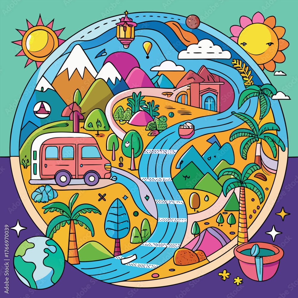 Fototapeta premium Colorful Adventure Travel Landscape Illustration