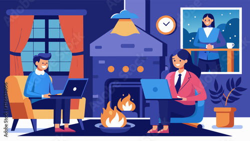 A virtual assistant managed her clients tasks from the cozy guest room of a countryside manor complete with a roaring fireplace and plush furnishings.. Vector illustration