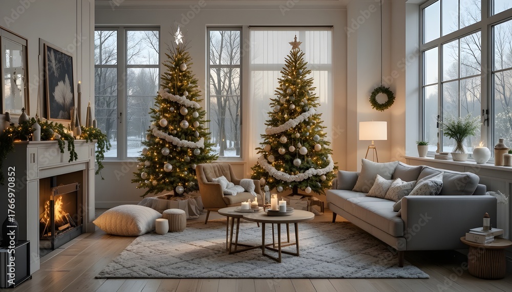 Obraz premium Cozy living room with christmas trees and fireplace in a bright interior
