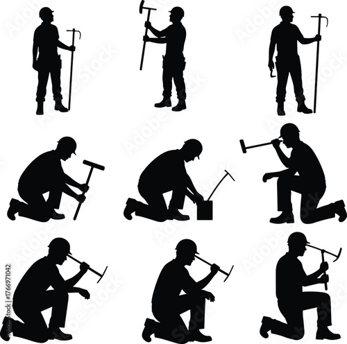 Mining worker silhouettes, pickaxe action, helmet safety, excavation poses, manual labor, underground work, industrial effort, digging, tools, motion