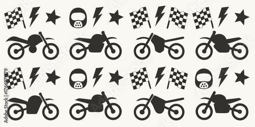 Seamless pattern of black silhouettes of motocross motorcycles helmets flags and lightning bolts