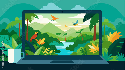An open laptop on a veranda reveals a majestic view of a verdant rainforest filled with exotic birds and animals.. Vector illustration
