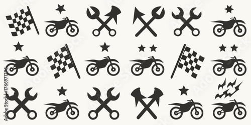 Collection of black silhouette icons featuring motorcycles racing flags tools and stars