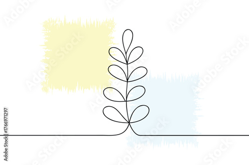 Minimalist botanical illustration with pastel colors a single line drawing of a plant stem adorned with teardrop shaped leaves against a brushstroke background