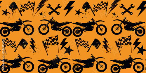 Dynamic motocross motorcycle pattern with racing flags and lightning bolts on orange background