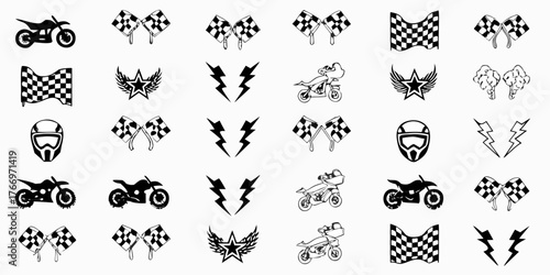 Collection of black and white icons representing motorcycle racing and extreme sports with checkered flags and lightning bolts