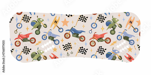 Whimsical motocross pattern with racing flags stars and lightning bolts