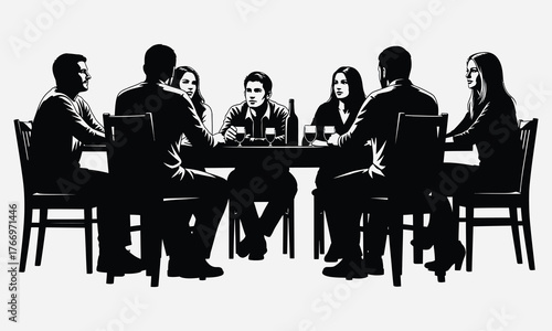 People gathered around a dining table, engaging in conversation and enjoying time together in a grayscale illustration