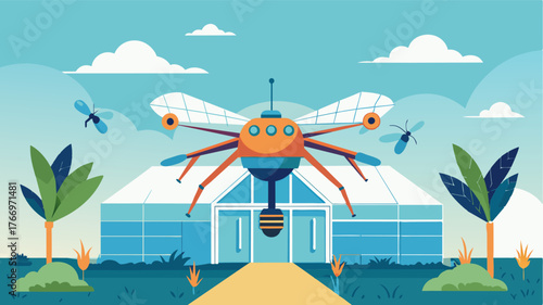 A large programmable drone equipped with a specialized vacuum system flies over a greenhouse precisely ing up harmful insects while avoiding pollinators and beneficial insects.. Vector illustration