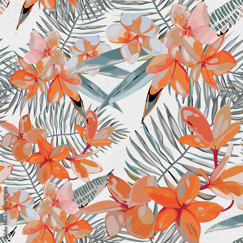 Blue style hibiscus plumeria flowers palm banana leaves seamless vector pattern light background. Beach wallpaper fabric trendy design
