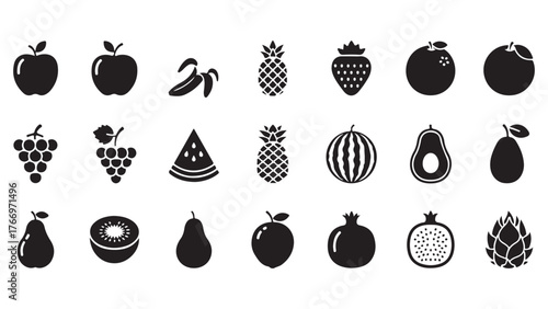 Food & Fruit Vector Icons – Glyph Pictograms of Banana, Strawberry, Pineapple, Watermelon, Grapes, Mango, Blueberries, Peach, Cherry, Lemon, Avocado, Pear, Kiwi. Ideal for Nutrition & Culinary Project