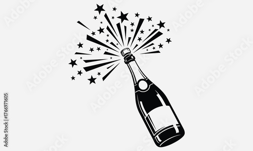 Celebrating Moment Sparkling Champagne Bottle with Bursting Stars and Bubbles