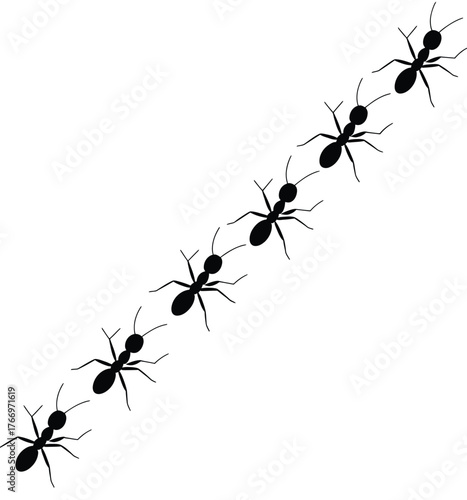 Silhouettes of ants marching in a diagonal line