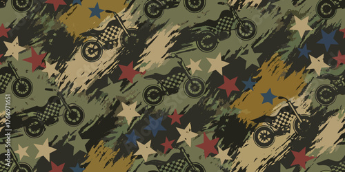 Retro motocross motorcycle seamless pattern with grunge camouflage background and scattered stars