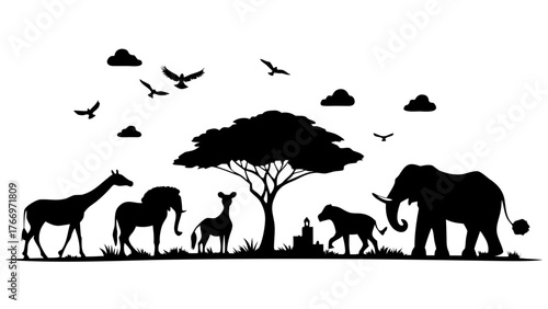 Collection of flat silhouette illustrations of iconic african wildlife animals in various poses