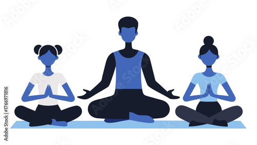 Diverse group of people practicing yoga meditation and mindful breathing exercises in flat silhouette style