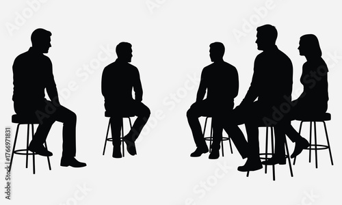 Silhouette of People in a Circle, Sitting on Stools, Representing Discussion, Group Therapy