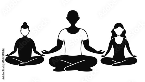 Diverse people practicing yoga meditation and mindful breathing exercises in flat silhouette style