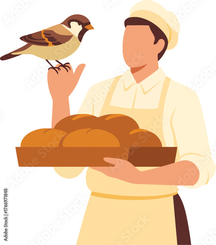 Bird on Baker Hand With Bread Vector Drawing Design, Food Production Illustration