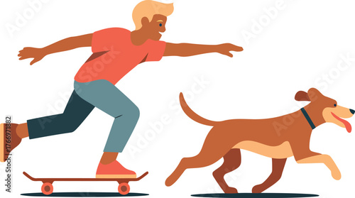 Boy Skateboarding with Energetic Dog Flat Vector Illustration on Transparent Background